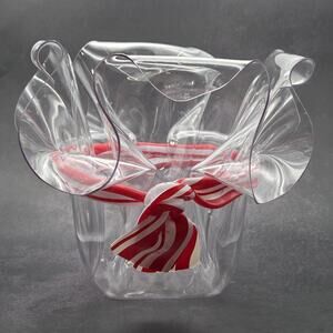 Vintage Clear Lucite Plastic Handkerchief Bowl C.T. Designs Red & White Ribbon